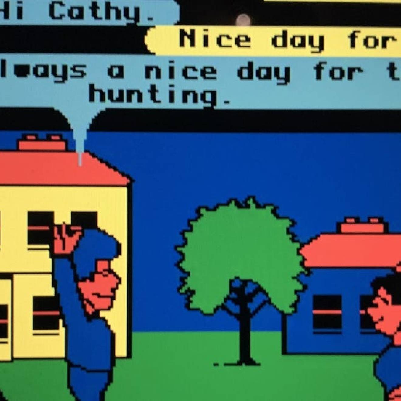 A screenshot of pixelated figures interacting on an 80s video game type screen