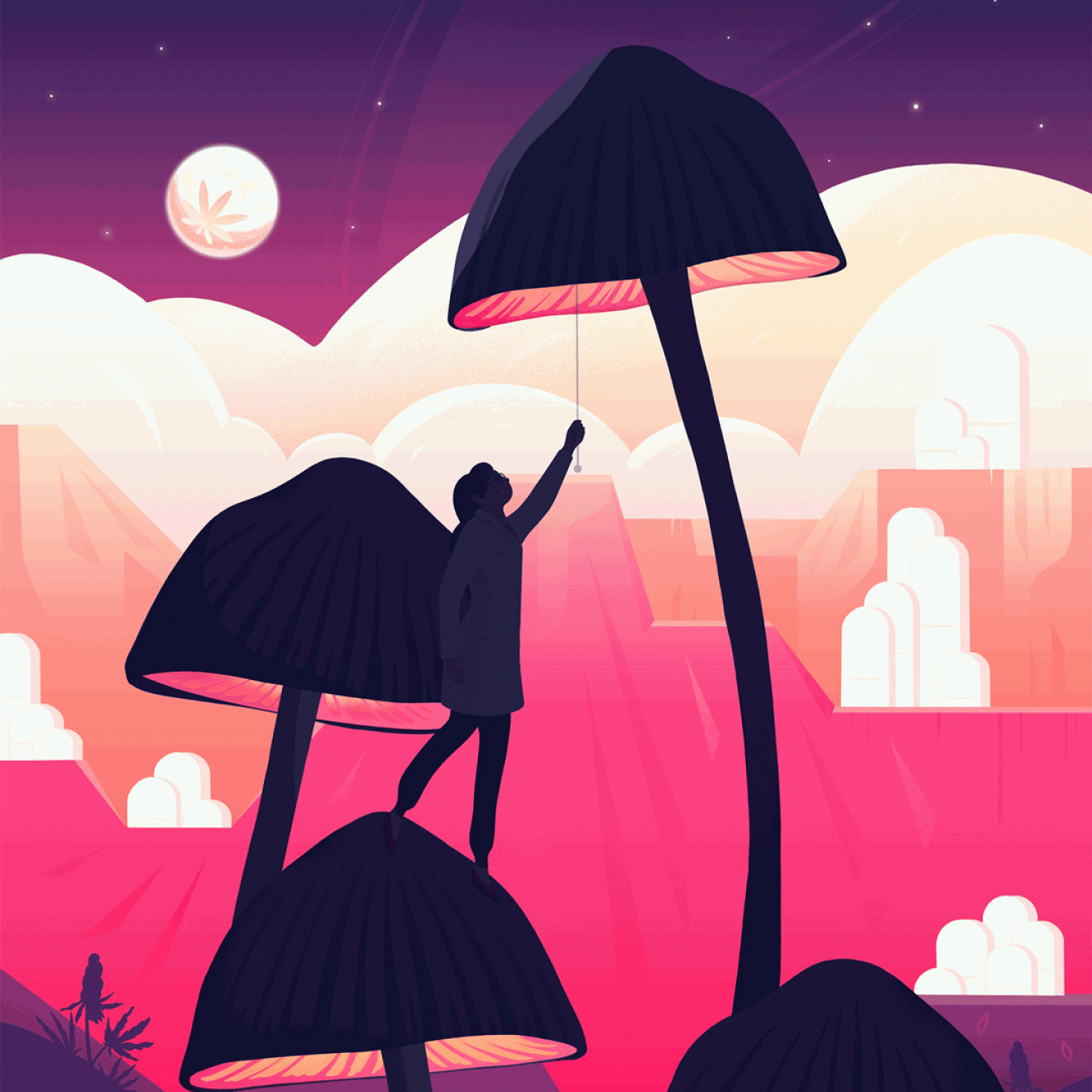 A woman beneath a mushroom turning it on and off like a lamp
