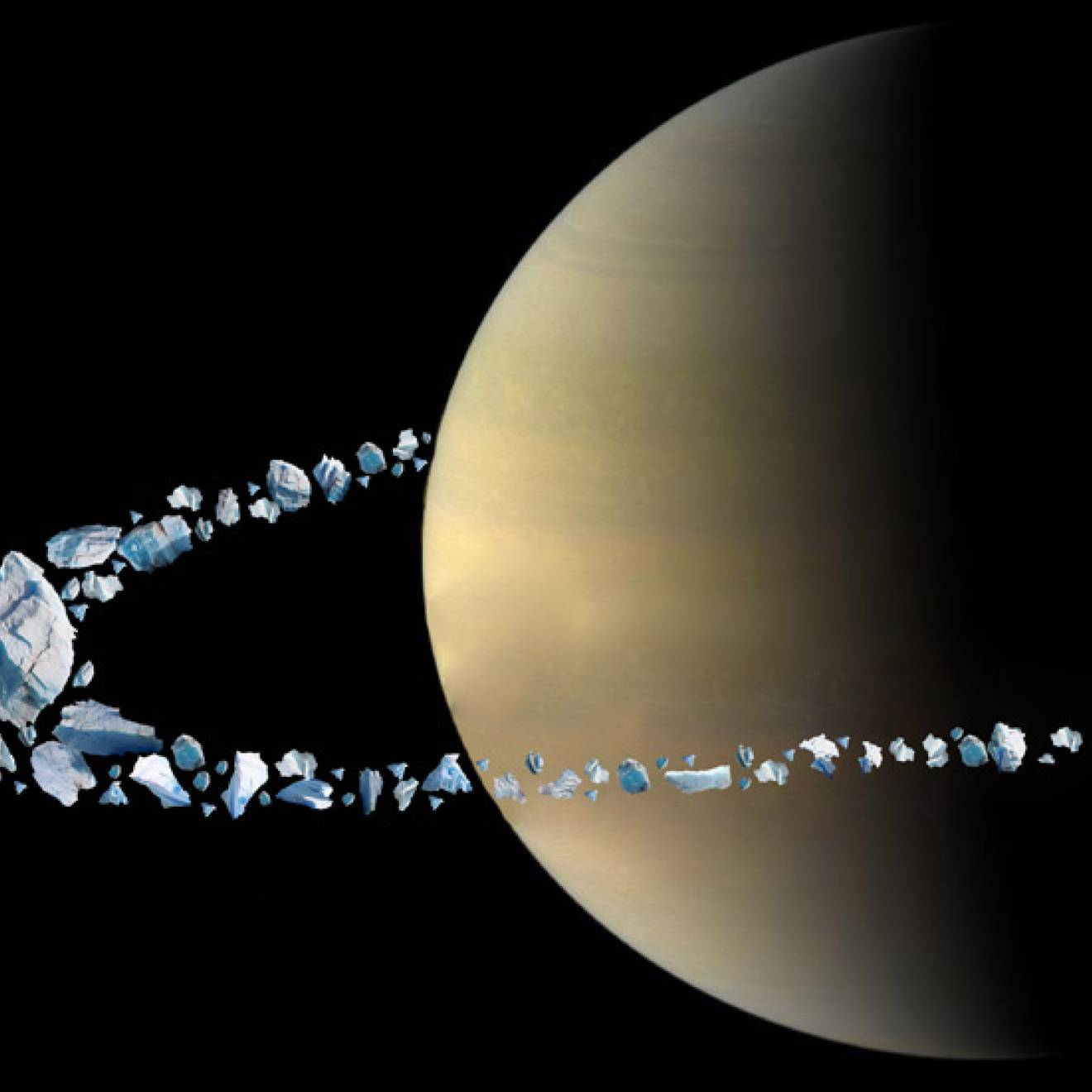 Artistic rendering of the moon Chrysalis disintegrating in Saturn’s intense gravity field.