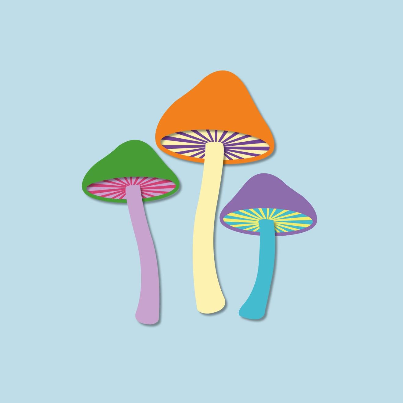 An illustration of three colorful mushrooms