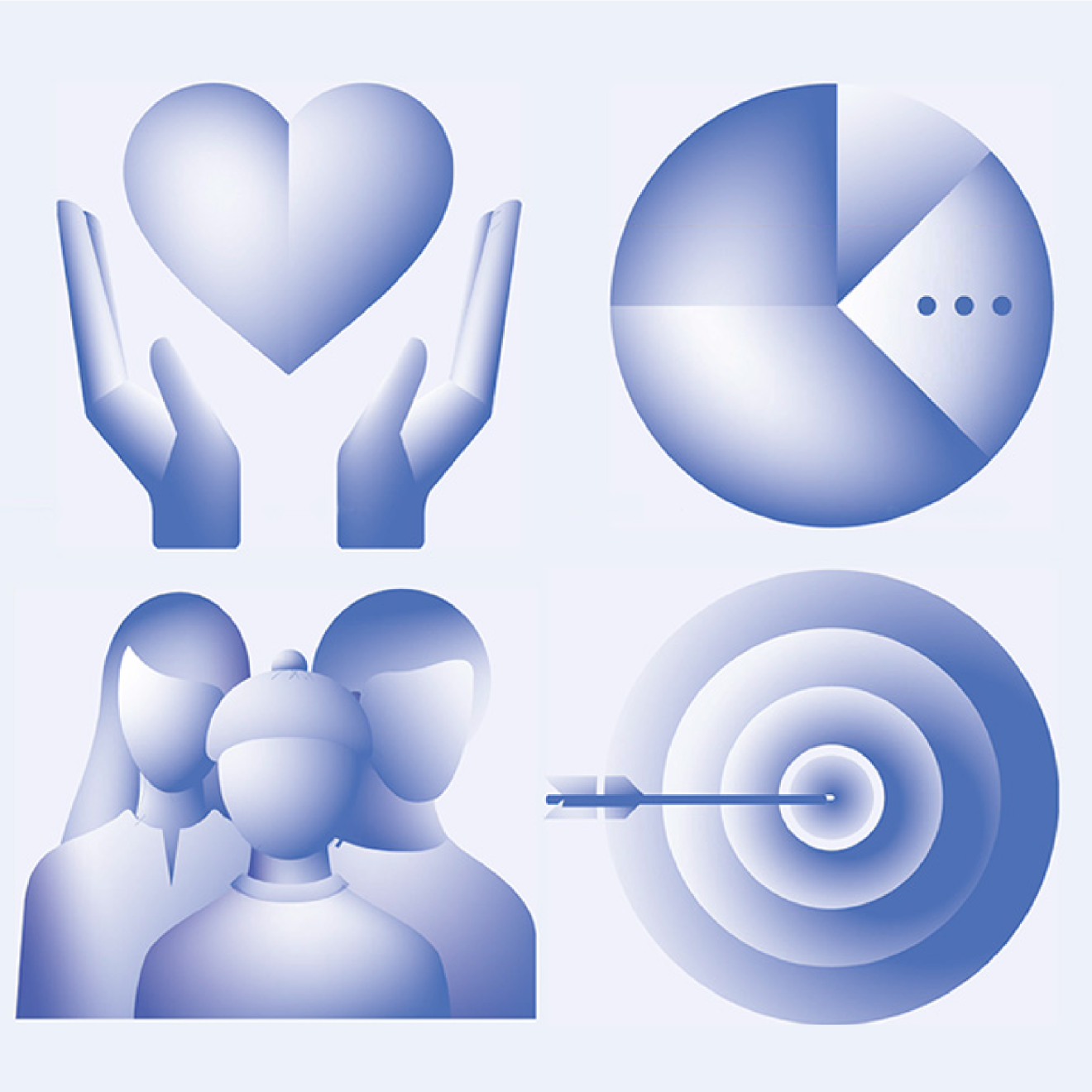 Four-part illustration of a hand holding a heart, a pie chart, a group of three people, and an arrow hitting a target