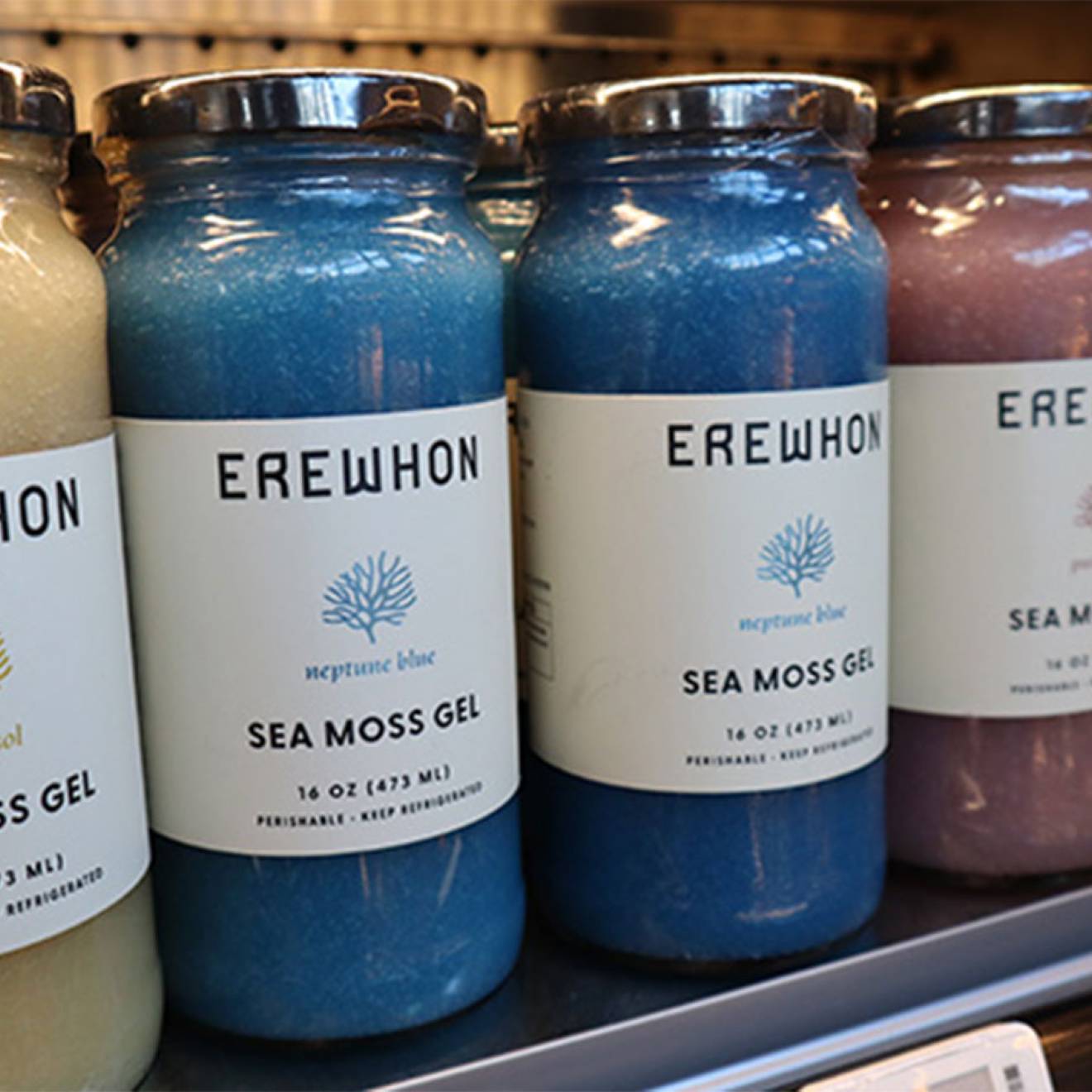 A row of jars of Erewon-brand sea moss gel in muted pastel tones