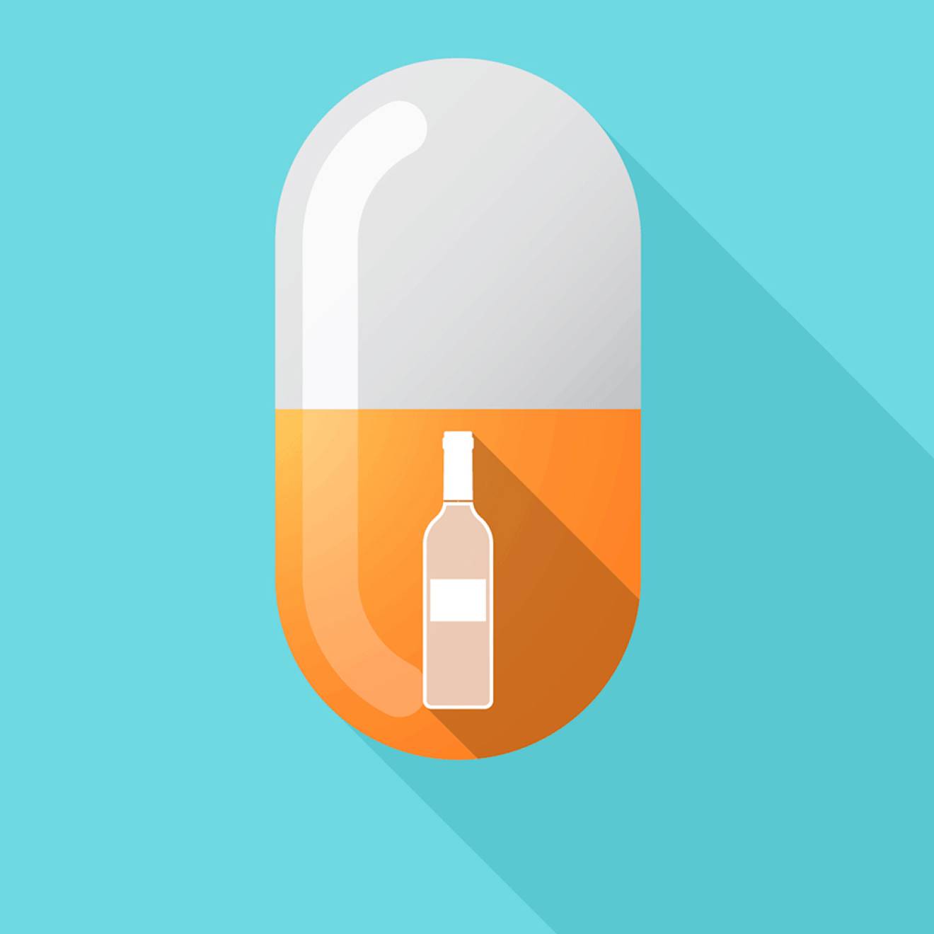An illustration of an orange and white pill, with a bottle of alcohol inside, on a light teal background