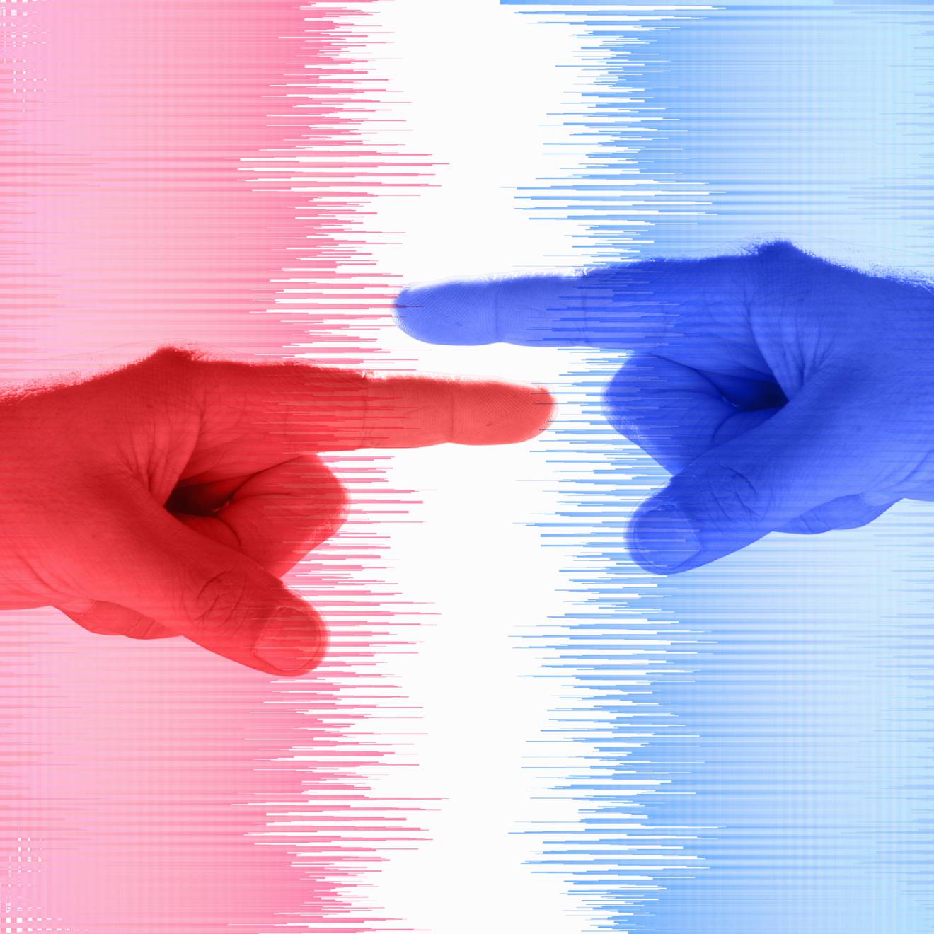 One red and one blue man's hand point toward each other, Red and blue abstract background
