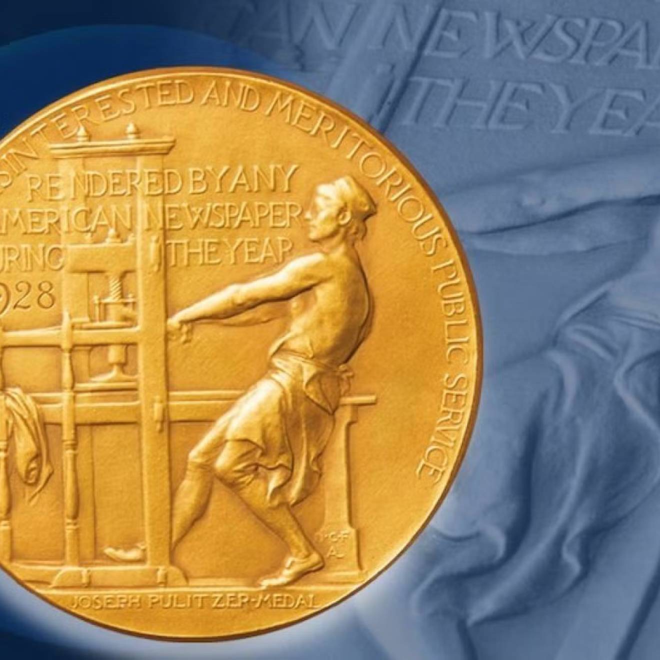 An image of the Pulitzer Prize medal which features a man dressed from the torso down operating an early press