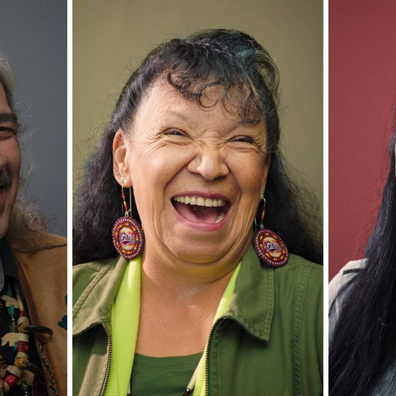 Three laughing Indigenous Native American portraits by Ryan RedCorn