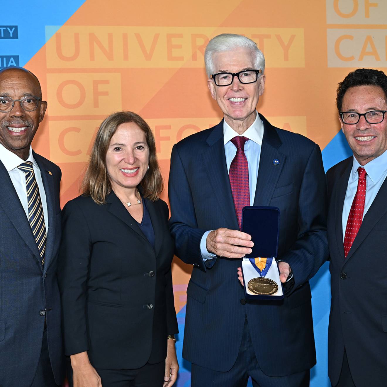 President Drake, Lt. Gov Eleni Kounalakis, former Gov. Gray Davis and UC Board of Regents Chair Richard Leib at an event honoring former Gov. Davis