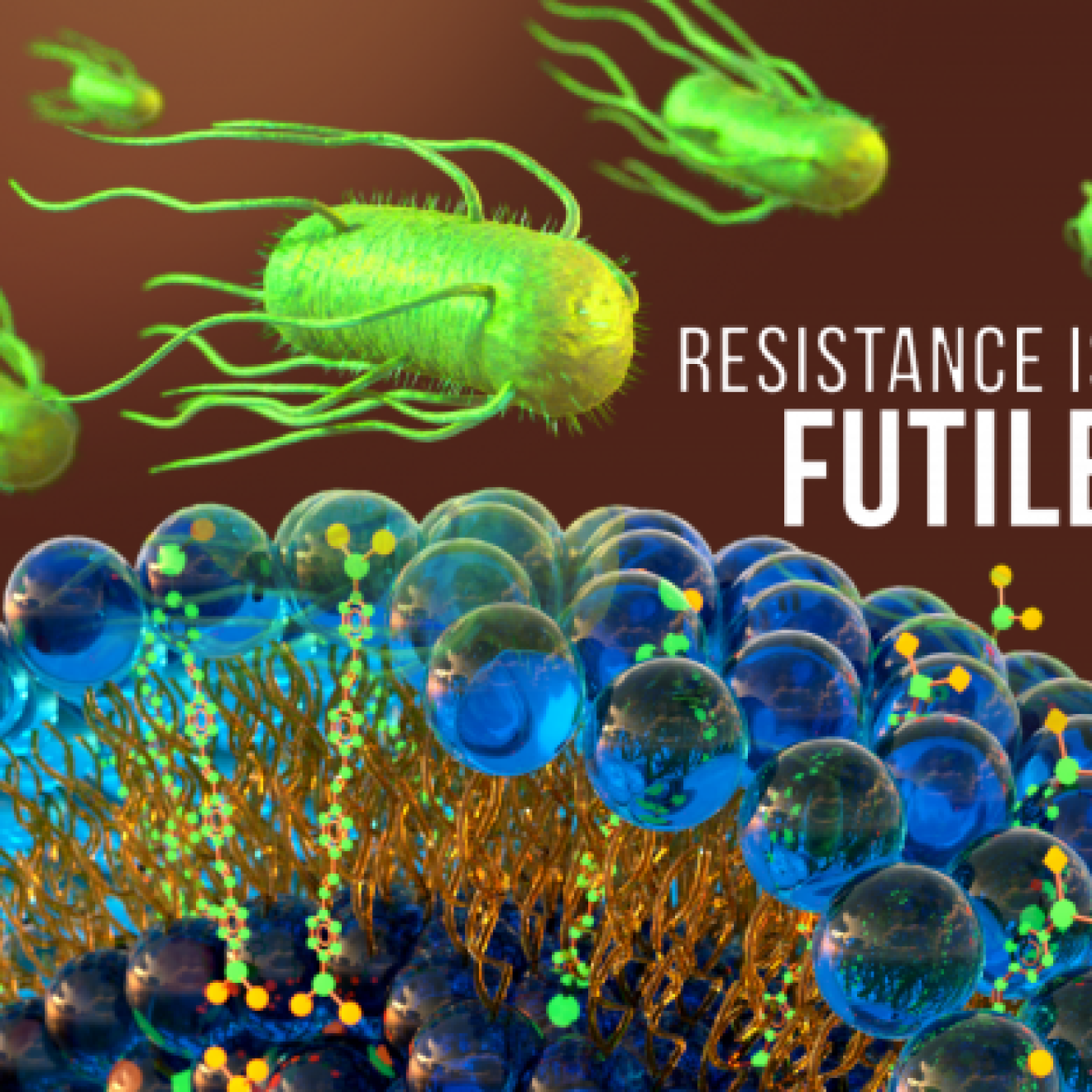 Visualization of bacteria harassed by an antibiotic with the words Resistance is Futile on the right side of the image