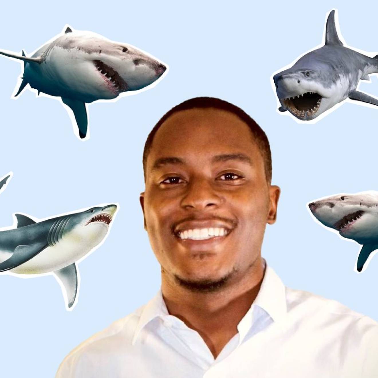 Young African American man De'Marcus Robinson, smiling, in the center of a shark collage