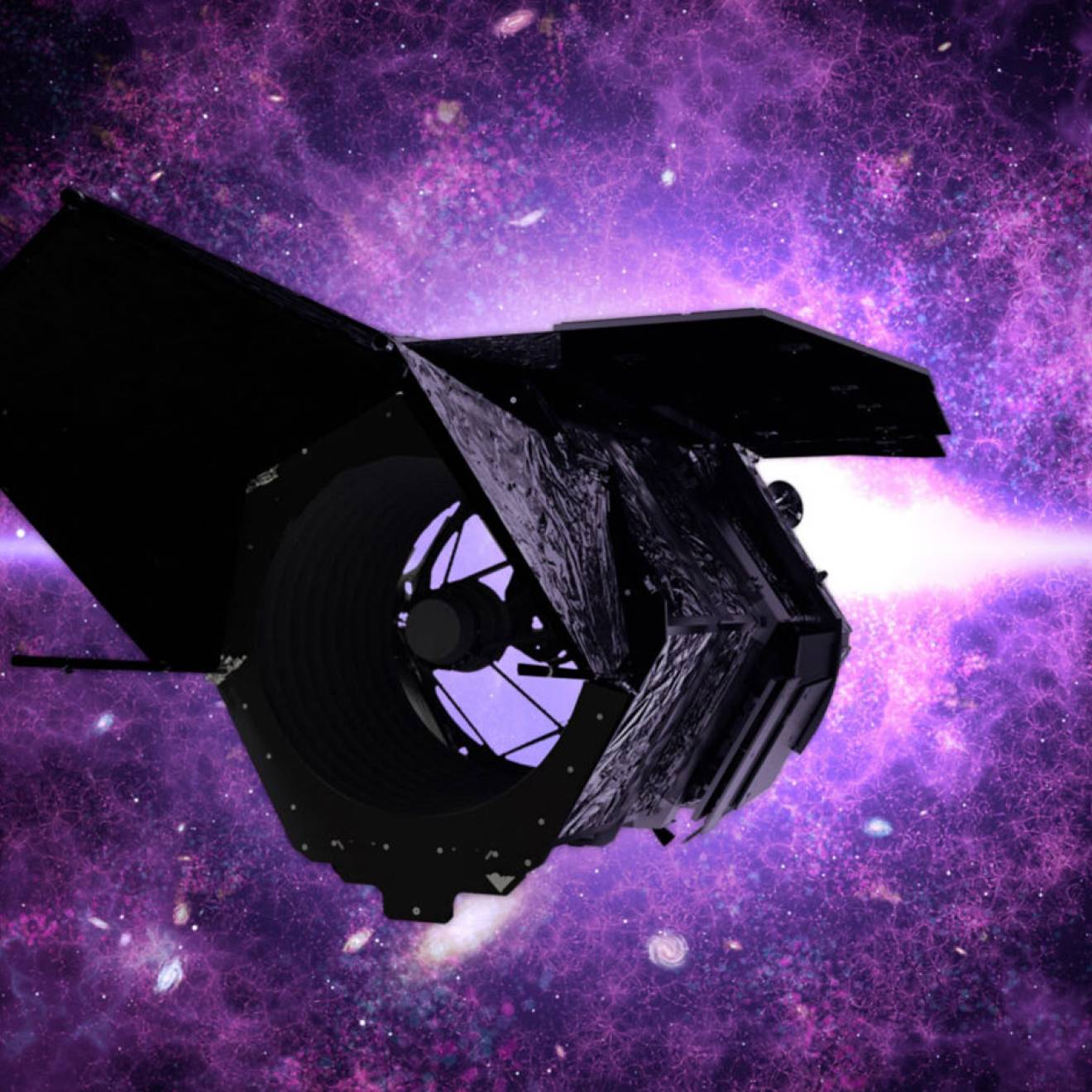 Illustration of the Nancy Grace Roman Telescope in space, flying toward a purple nebula.