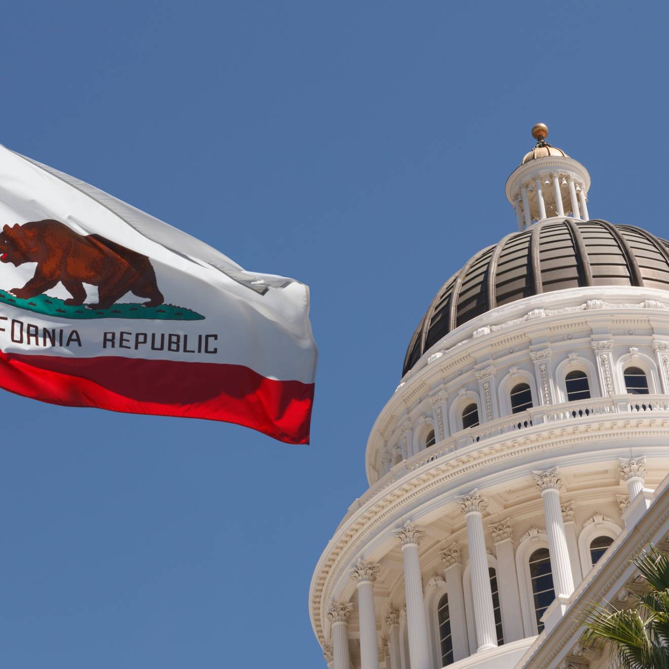 California flag flying outside the capitol building in Sacramento