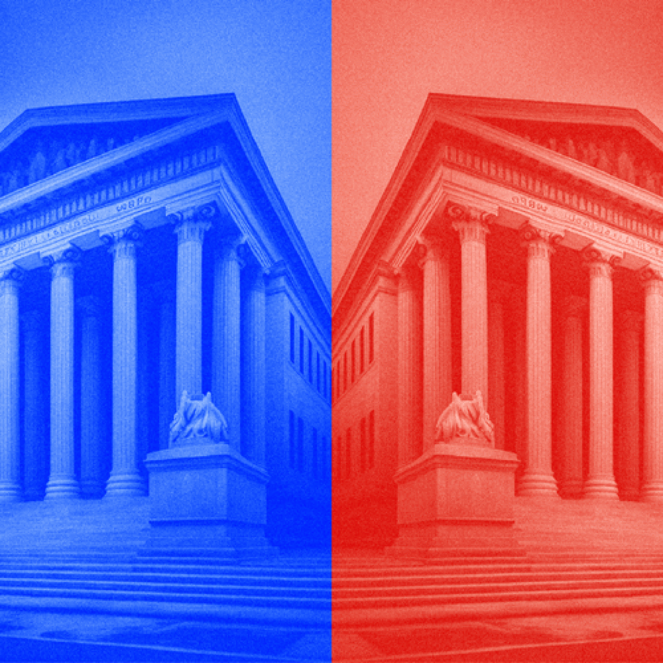 Image of the Supreme Court building, the left side with a blue overlay, the right side with a red overlay