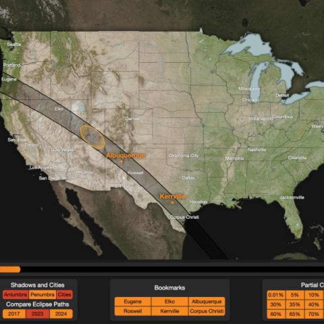 A graphic of the path of an upcoming solar eclipse passing over the United States