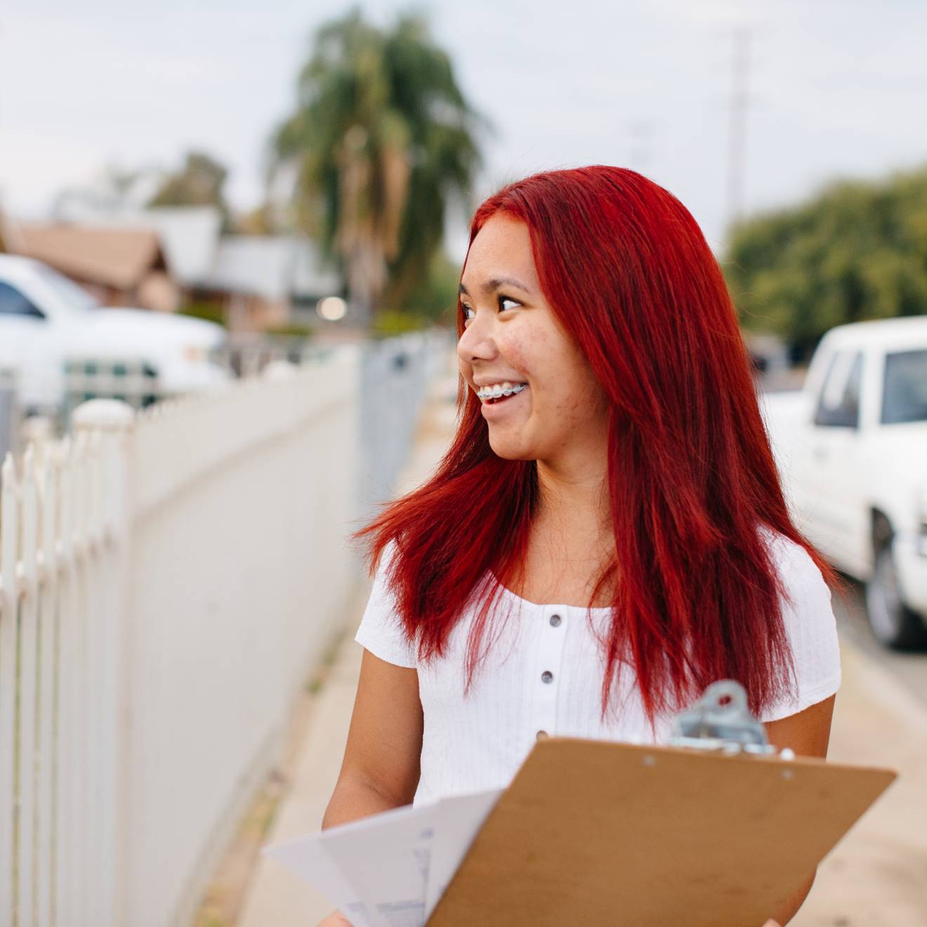 Jessa Fate Bayudan, a UCLA student involved in Freedom Summer, knocks on doors to register voters in Delano