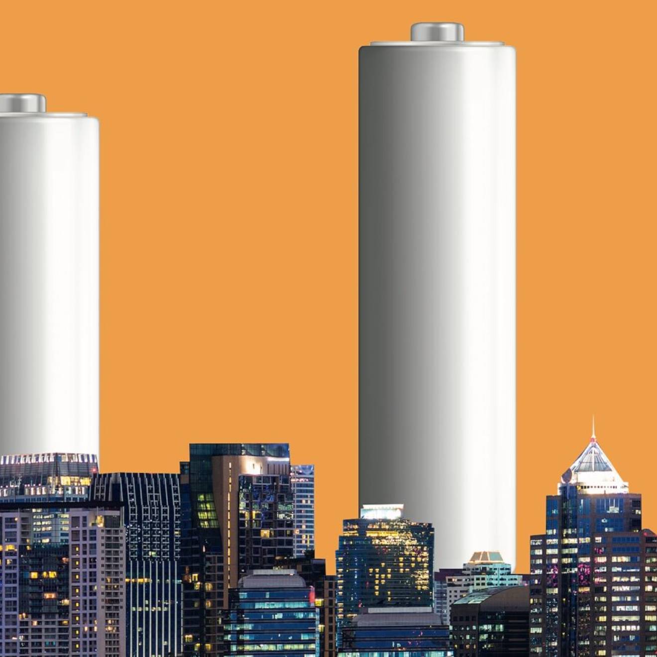 A city skyline with two batteries instead of skyscrapers among the skyscrapers