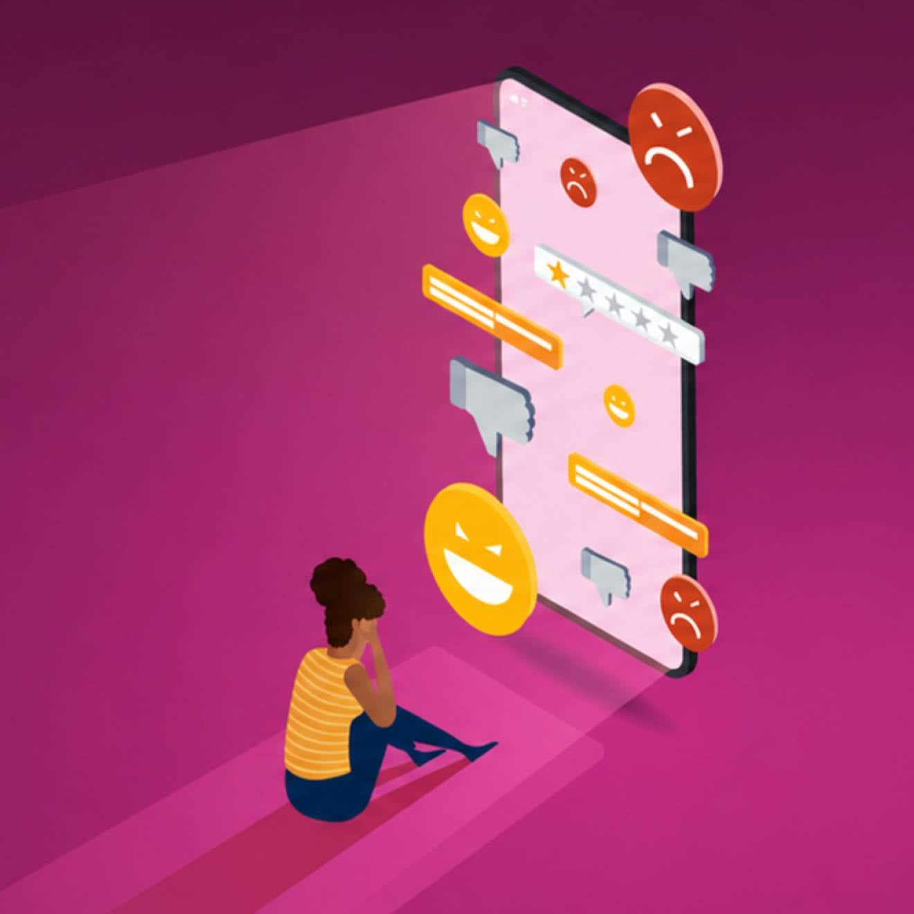 A graphic illustration depicting the concept of depression caused by social media, where a young girl sits dejectedly in front of a large phone displaying social media notifications.
