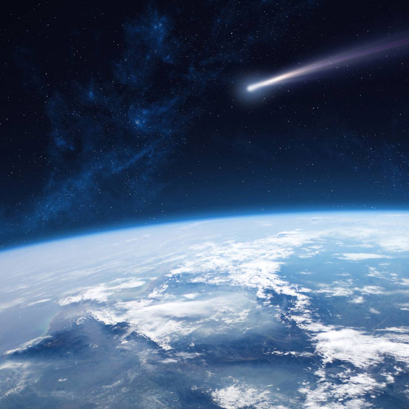 Photorealistic illustration from a spacecraft's-eye-view looking over the curve of the earth with a comet streaking through the middle of the image