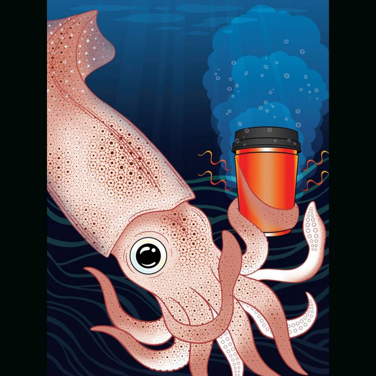 A squid holding a cup of coffee