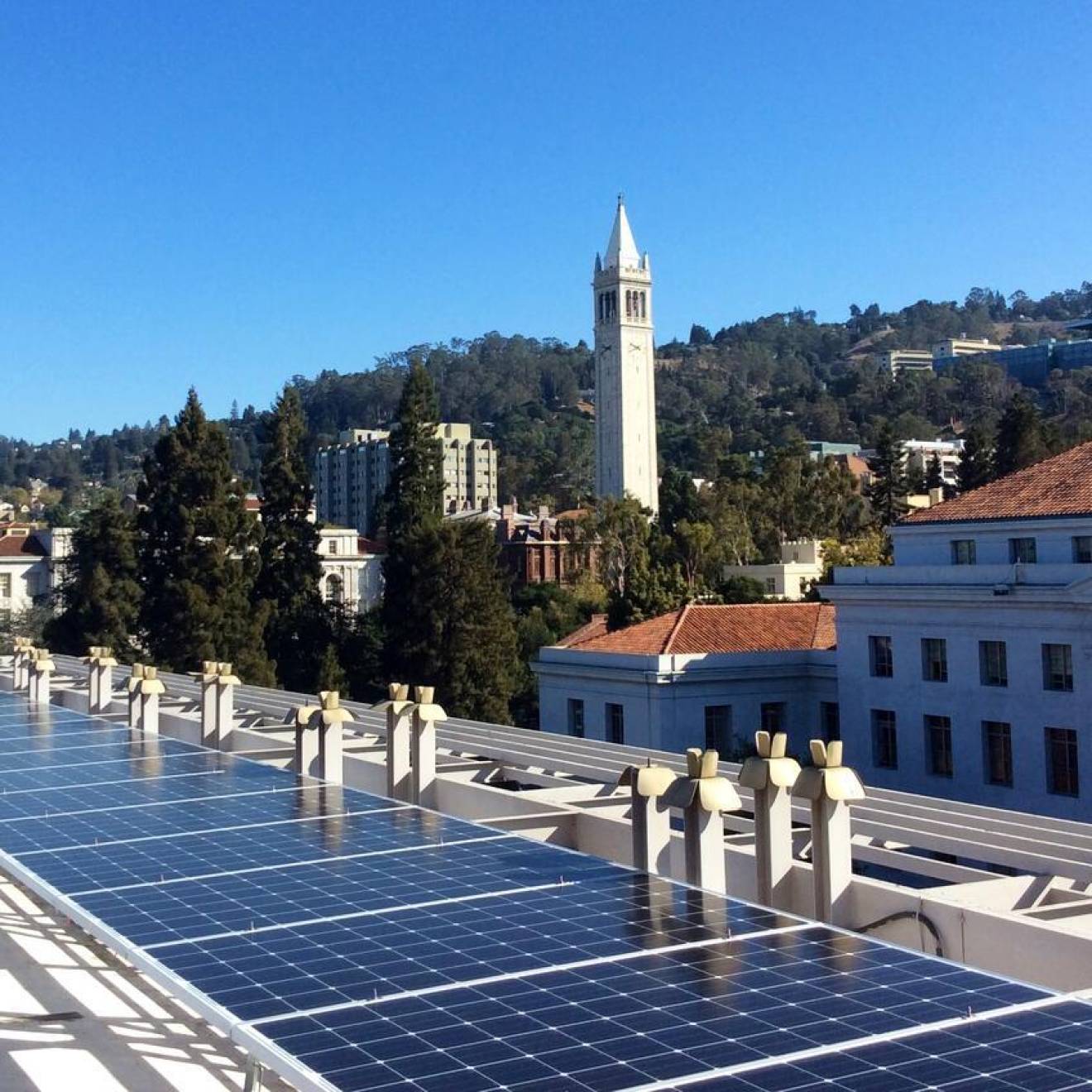 Solar panels on UC Berkeley campus, Campanile in the background