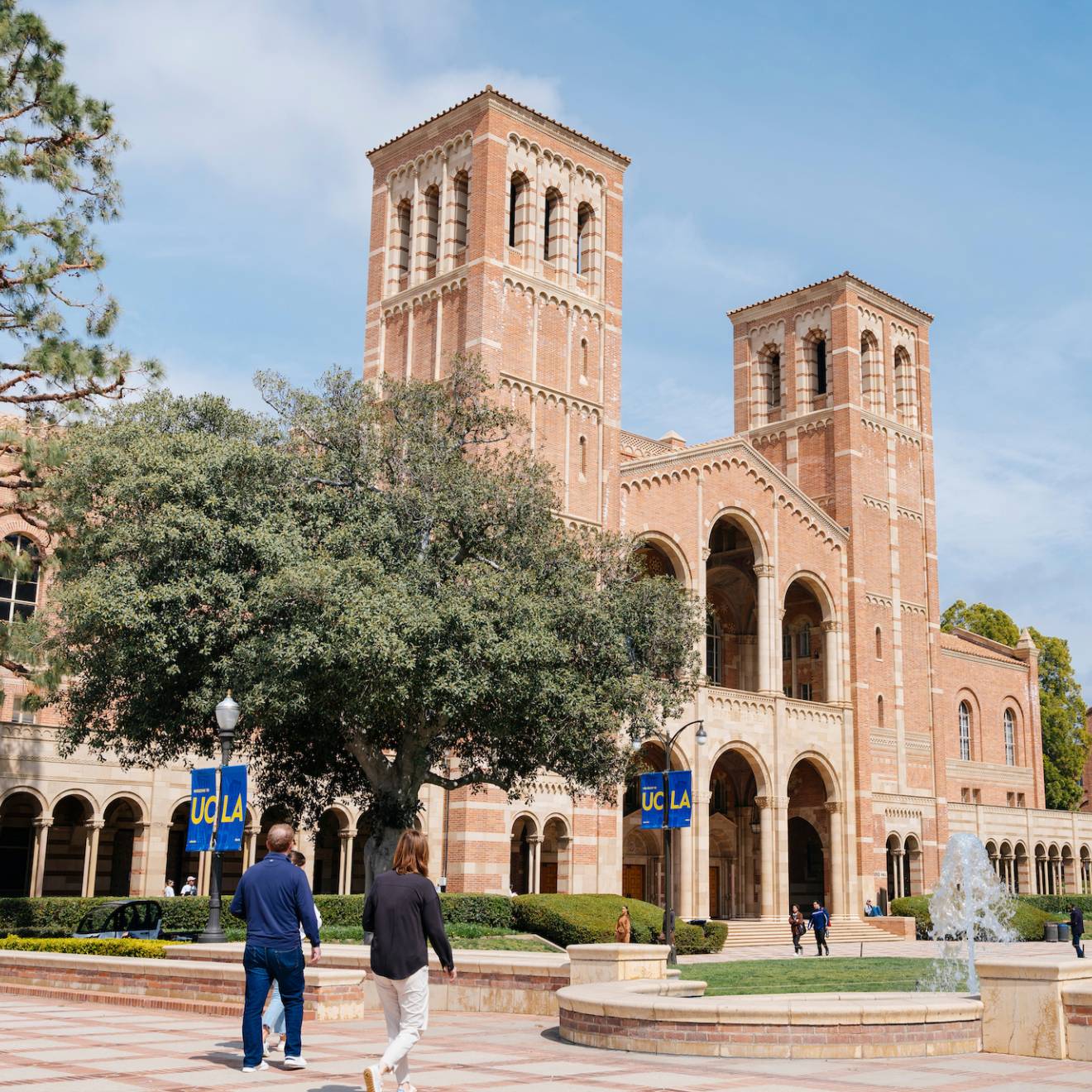 A brick square leads to Royce Hall on the UCLA campus