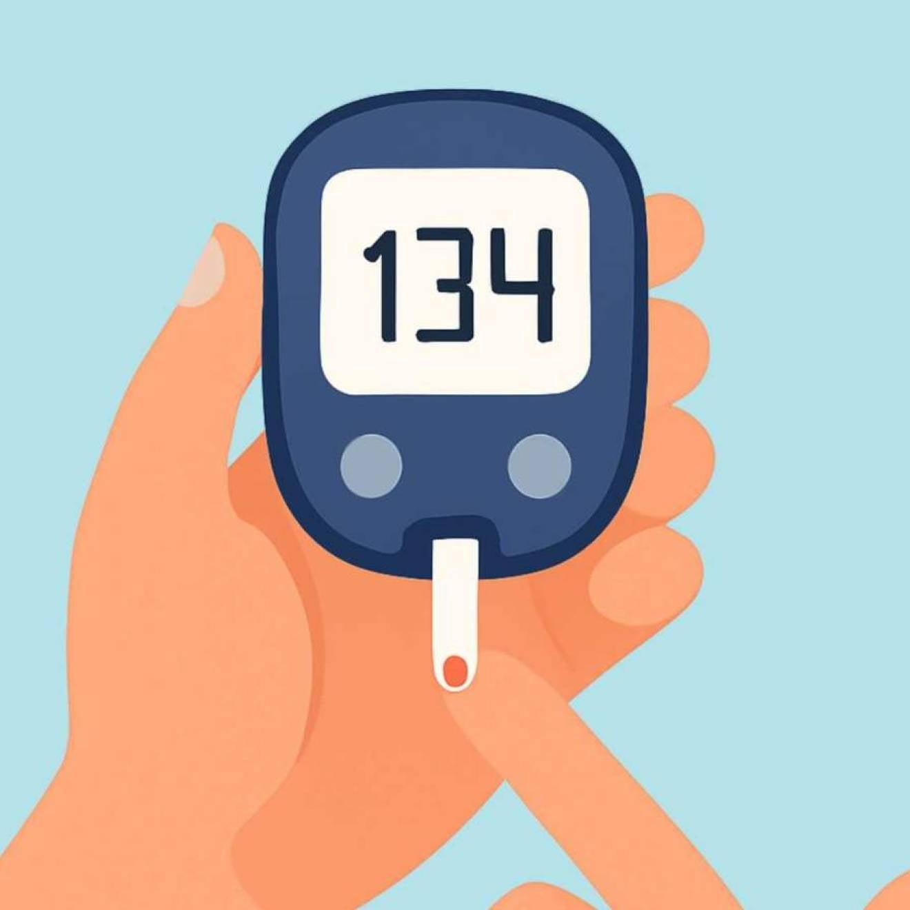 An illustration of a hand taking a blood sugar level reading off a finger on another hand