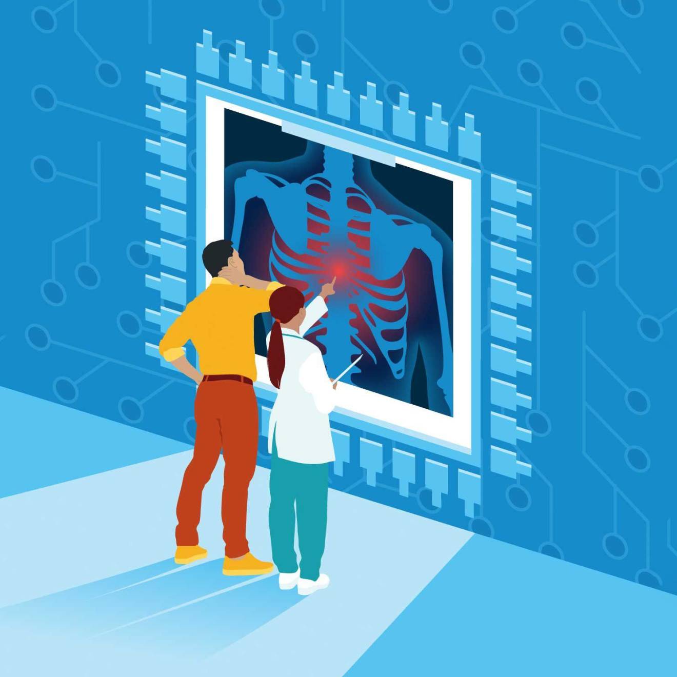 In an illustration, two people study an oversized lung X-ray, one of the people (in scrubs) pointing at it