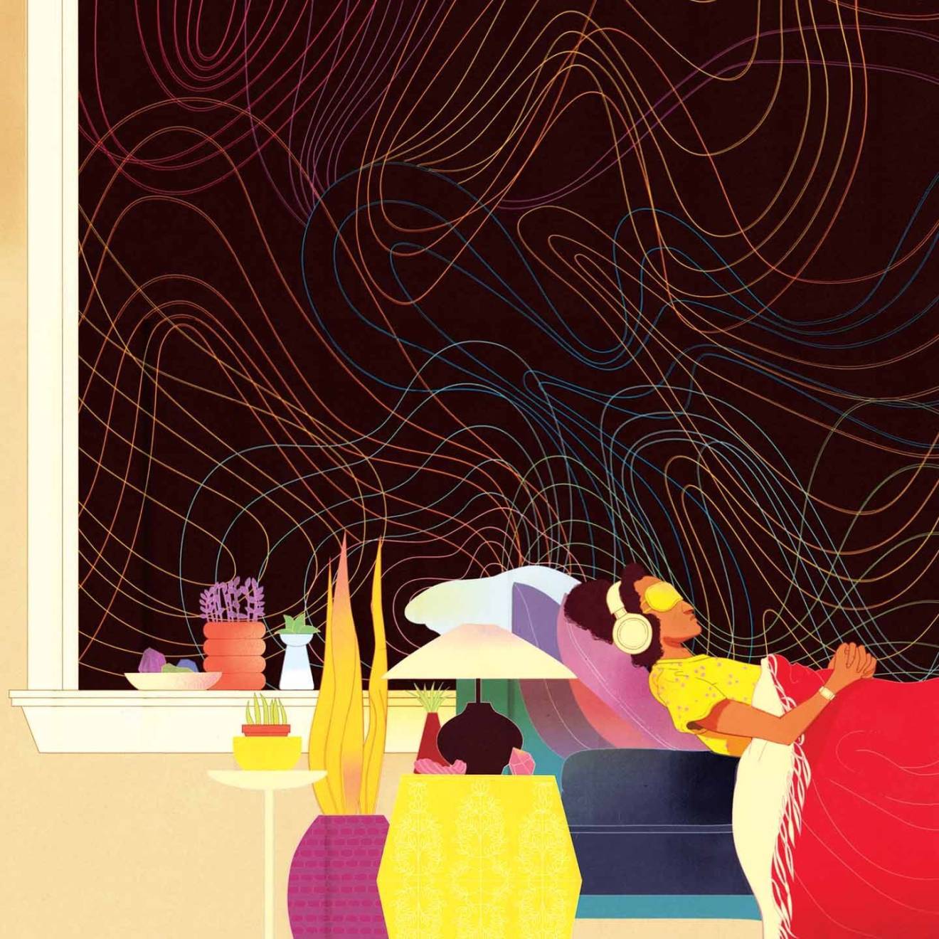 Colorful, psychedelic illustration of a woman of color lying in bed with a sleep mask and headphones on