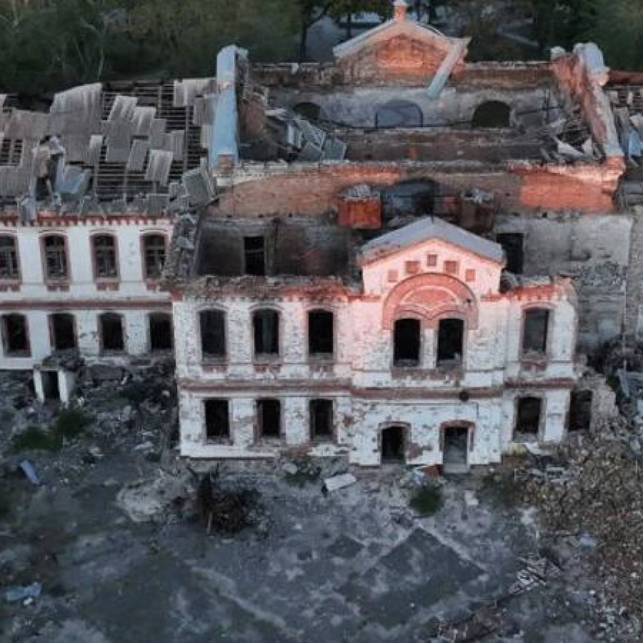 Bombed old building in Ukraine from above