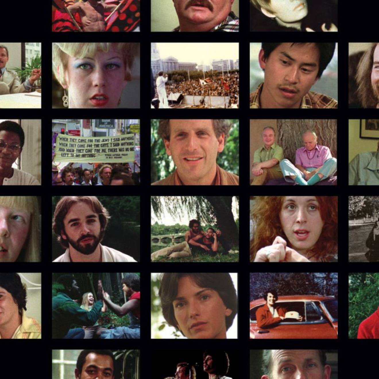 Mosaic of shots from the movie “Word is Out: Stories of Some of Our Lives,” which features interviews with 26 queer men and women about their experiences as queer individuals in America