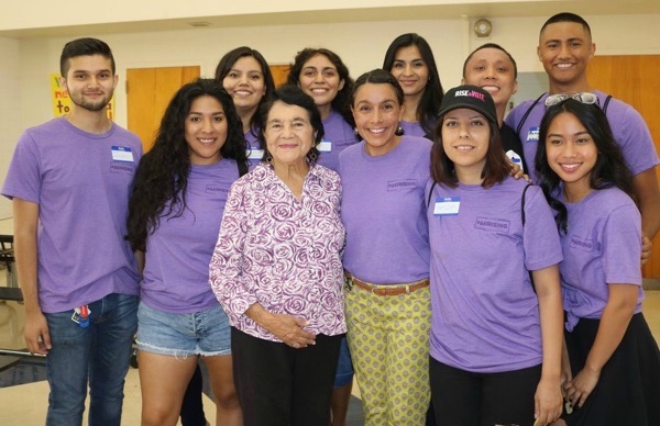 Jose Orellana and legendary activist Dolores Huerta, cofounder of the United Farm Workers, with other organizers