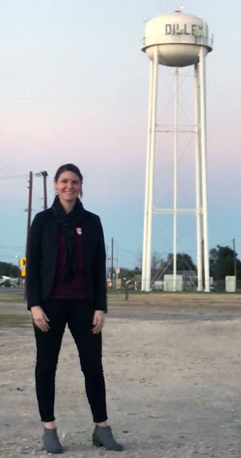 Paula Raffaelli in Dilley, Texas near the water tower