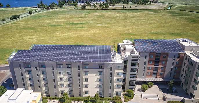 Solar panels on top of UC Merced campus buildings