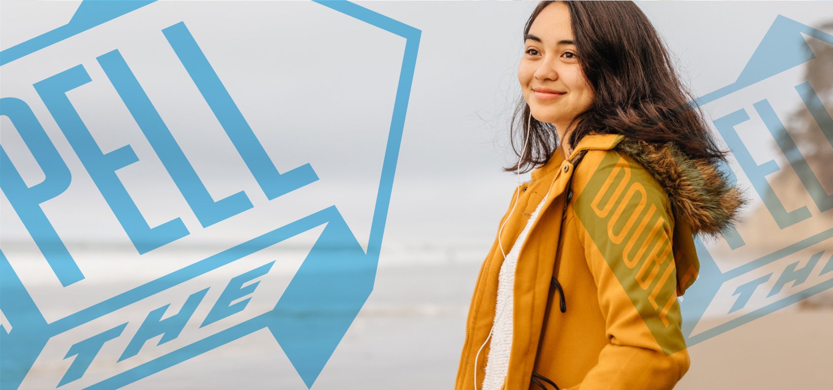 Young student looking on the beach with a Double the Pell overlay