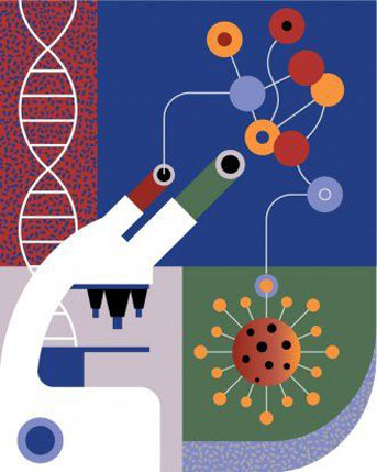 Illustration of a microscope and coronavirus