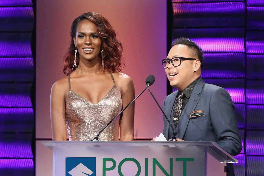 Vanessa Warri with Nico Santos at the podium at the Point Foundation gala