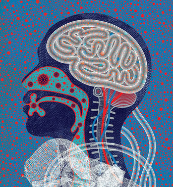 Illustration of the inside of a head, with coronavirus cells throughout the airways