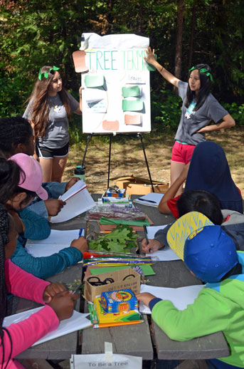 Teens at board teach campers at picnic table